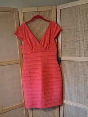 Adrianna Papell Coral Lace Tiered V-Neck/Back Cocktail Party Dress NWT Size 10